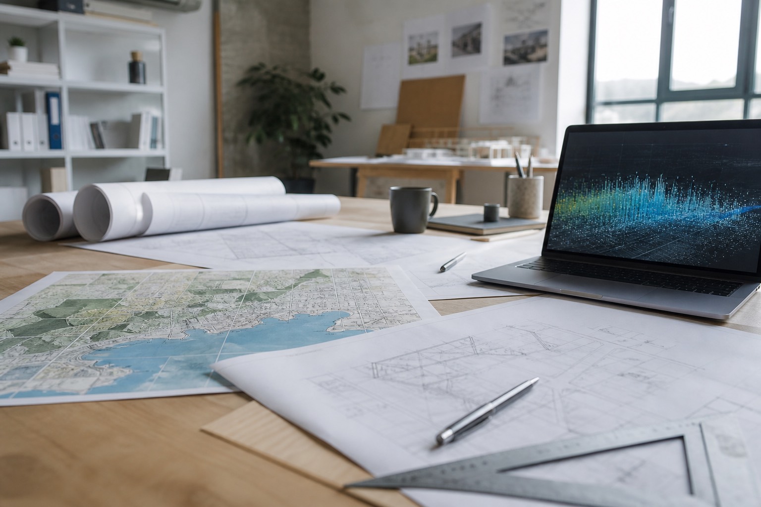 Abstract illustration of confident AI text alongside zoning maps and planning documents that require verified local data